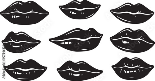 Collection of black and white lip illustrations in various shapes