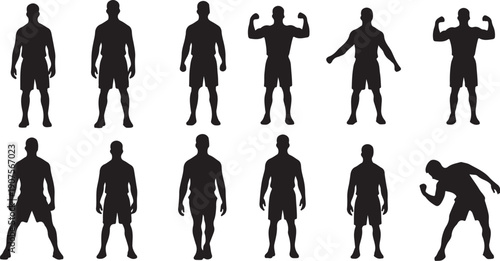 Silhouettes of men in various poses and outfits isolated