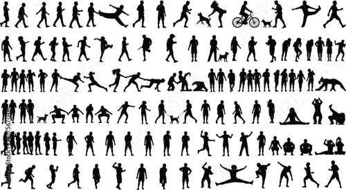 Collection of human silhouette poses showing walking running sports activities daily life actions isolated vector set for design illustration projects