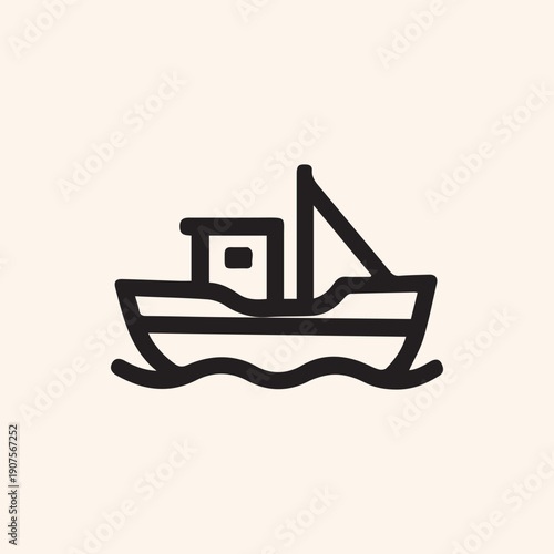 Minimalist Black Line Art Icon Of A Small Fishing Boat On The Water