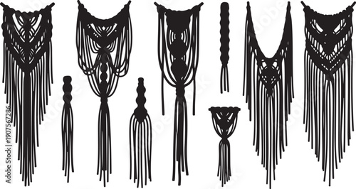 Collection of various black tassel designs and fringe patterns
