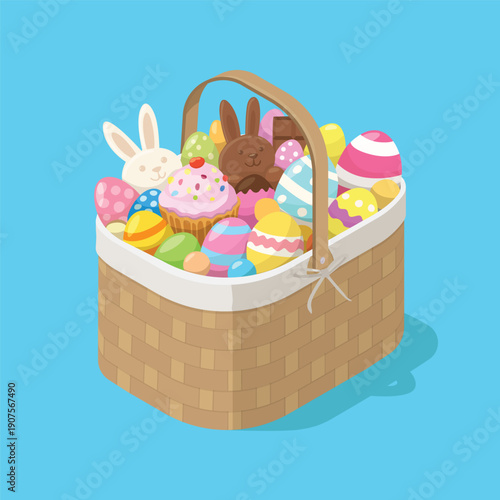 Easter basket with candy, chocolate bunnies and colorful eggs