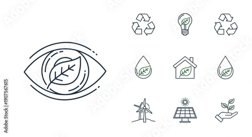 Eco friendly icons and eye symbol representing environmental awareness.