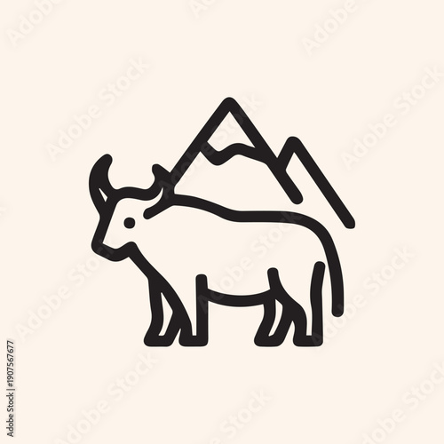 Simple Yak And Mountain Range Icon For Nature And Wildlife Design