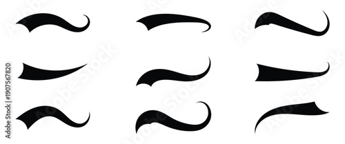 Swoosh and swash typographic tail elememts ideal for sports and luxury brand logos, web or social media designs. Curved vector tail shape isolated on a white background.