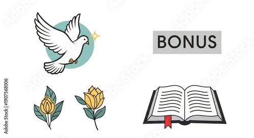 Dove with olive branch and open book illustration.