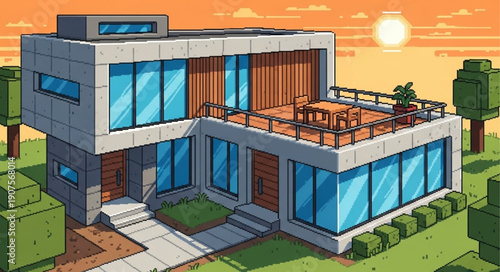 Modern Pixel Art House Exterior with Trees and Sun.