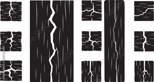 Cracked black wooden texture patterns on white background
