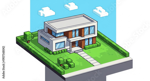 Modern Pixel Art House Isometric View.