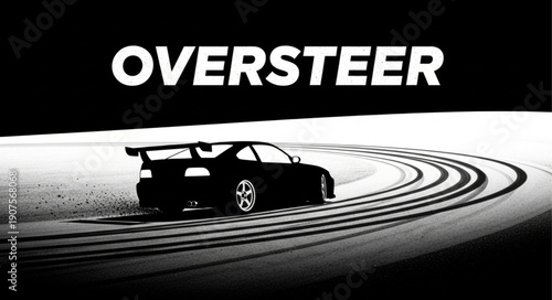 Drifting sports car creating tire marks on asphalt road at night.