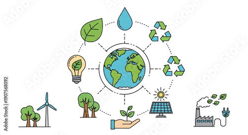 Earth surrounded by icons representing environmental conservation and renewable energy sources.