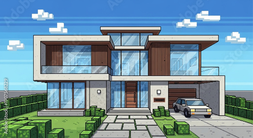 Modern Pixel Art House with Car and Greenery.