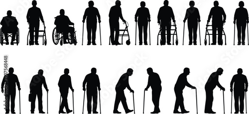 Elderly People Silhouette Set Showing Seniors Using Canes Walkers and Wheelchairs in Different Standing and Walking Poses