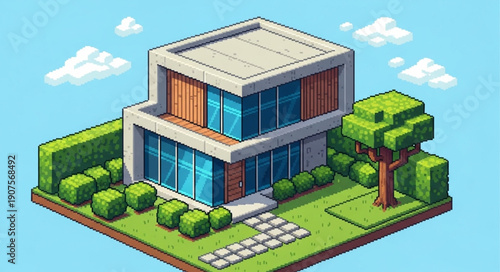 Modern Pixel Art House with Garden and Trees.