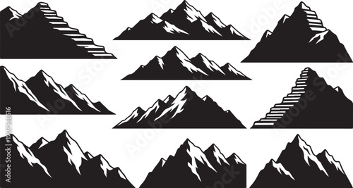 Black and white mountain range silhouette graphic design elements
