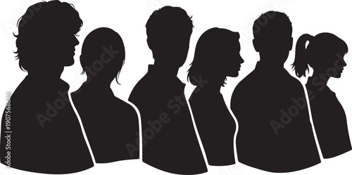 Silhouettes of diverse group of people in profile view