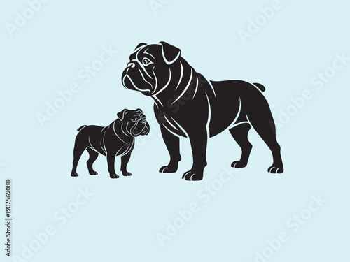 Parent and puppy bulldog silhouettes in black with white outline, standing together on light blue.