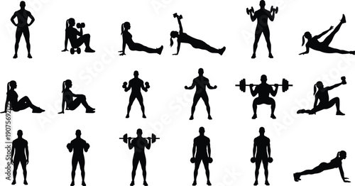 Fitness Workout Silhouette Set Showing Men and Women Performing Gym Exercises with Dumbbells Bodyweight Training and Strength Poses Isolated