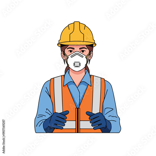 Cartoon illustration of a construction worker wearing a safety vest and mask against a clean white background.