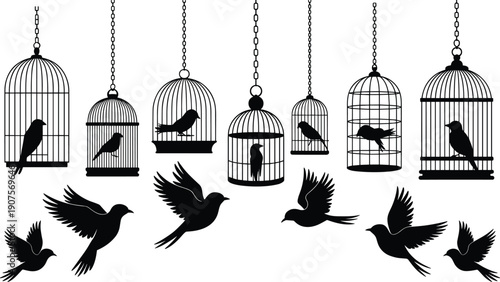 Black silhouette hanging bird cages with chains and flying birds, vintage decorative metal cage set, isolated vector illustration on white background