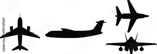 Airplane silhouettes set, passenger jet cargo aircraft and fighter jet vector illustration, aviation transport collection isolated black plane icons