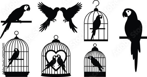 Black silhouette parrots and love birds with decorative cages, flying and perched bird set, romantic vintage vector illustration isolated on white background