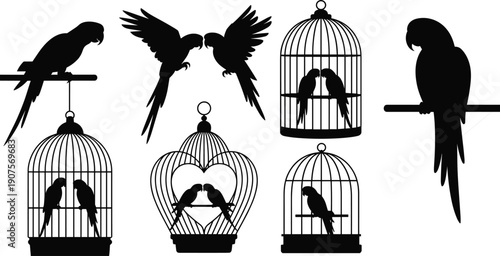 Black silhouette parrots with bird cages, flying and perched birds, romantic heart cage design, decorative vintage vector illustration isolated on white background