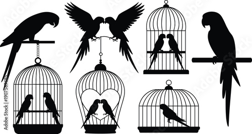 Black silhouette parrots and love birds with decorative cages, flying couple and perched birds, romantic vintage vector illustration isolated on white background