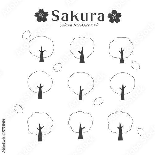 春素材　シンプルな桜の木のイラスト　セット　アセット