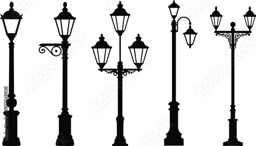 Classic street lamp silhouettes vector collection, vintage urban lantern posts set, decorative outdoor lighting icons, retro city lamppost illustration isolated