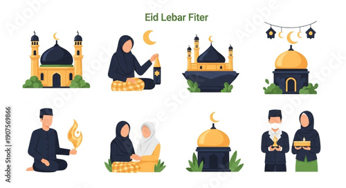 Eid Mubarak Celebration Islamic Mosques and People Gathering.