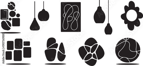 Black and white abstract shapes and objects illustration set