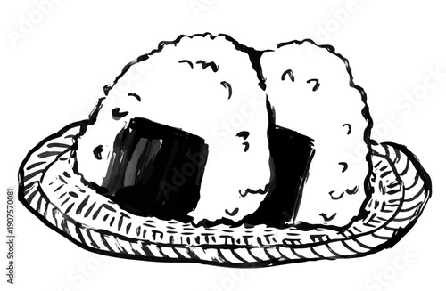 筆ペンで書いたおにぎりのイラスト素材。籠の上に2つのおむすびが乗っている。ベクター。和風のデザイン。