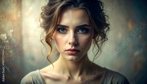 A melancholic woman with creative expression gazes softly in emotional art lighting.