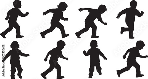 Silhouettes of children running in various dynamic poses together