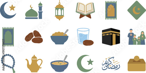 Flat design vector icons showcasing Ramadan traditions, Islamic culture, worship, and spiritual practices, perfect for modern digital and print projects