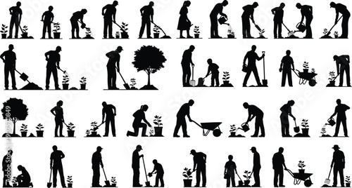 Gardening and farming people silhouette set showing planting, watering, digging and harvesting activities isolated in black vector style