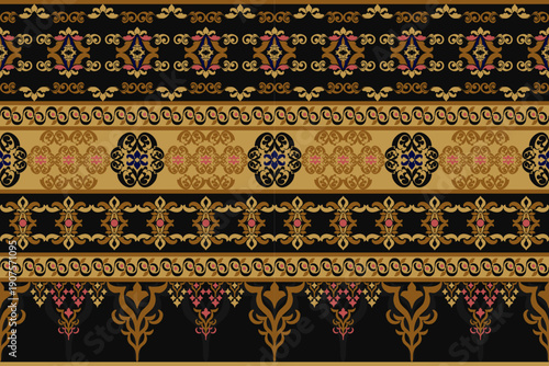 This traditional vintage-style fabric features golden floral patterns and geometric elements in a style reminiscent of ancient Thai paintings. Ideal for ethnic-style textile and wallpaper decoration.