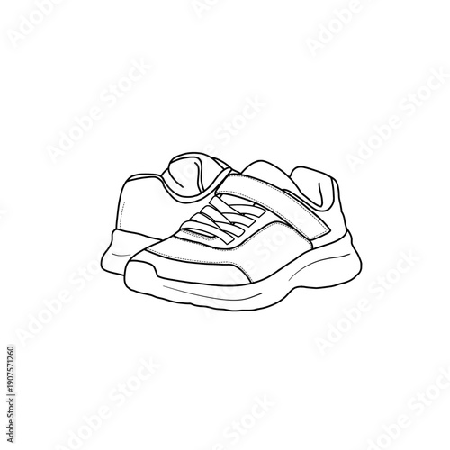 Detailed line art illustration showcasing a pair of sporty sneakers, featuring laces and a velcro strap, perfect for athletic or casual wear designs.