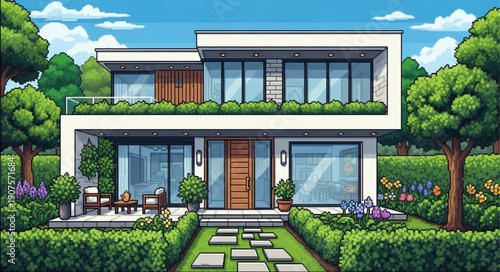 Modern Two Story House with Green Landscaping and Trees.