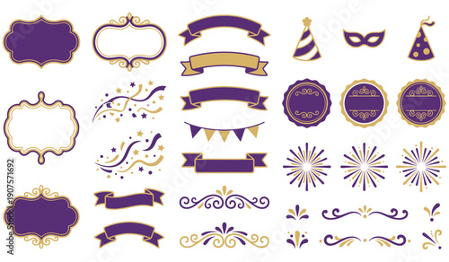 Elegant purple and gold decorative elements for festive or party designs