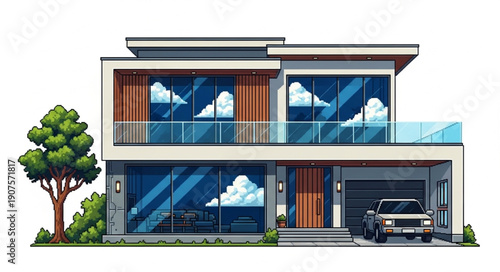 Modern Two Story House with Large Windows and Attached Garage.