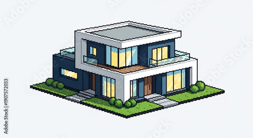 Modern Two Story House with Large Windows and Balcony.