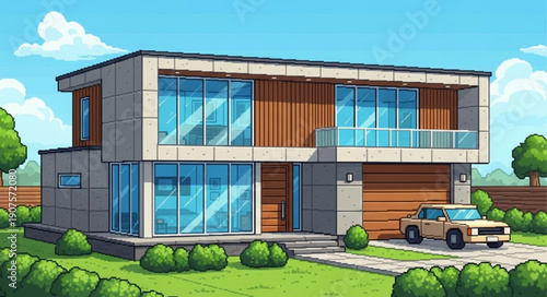 Modern Two Story House with Large Windows and Attached Garage.