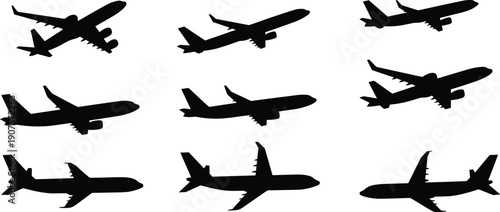 Commercial passenger airplane silhouettes collection, modern jet aircraft vector set, airline transport aviation illustration, isolated flying planes design elements bundle