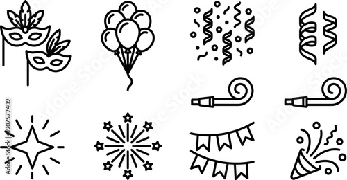Assorted celebratory and decorative icon illustrations in a minimalist style
