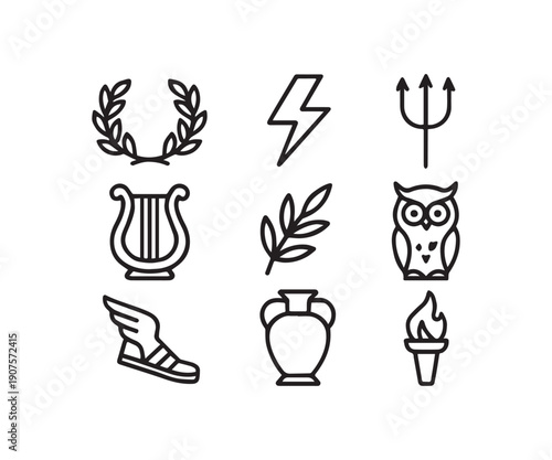 Greek Mythology Gods And Goddesses Symbols Black Line Icon Set Vector