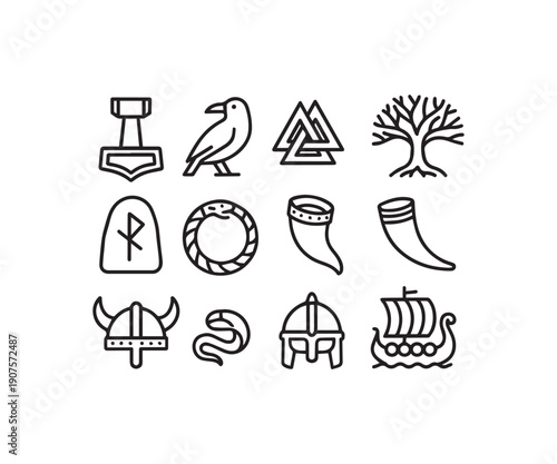 Sacred Norse Symbols and Viking Warrior Icons Minimalist Outline