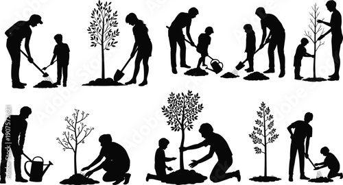 Family planting trees silhouettes, parents and children gardening together, nurturing young plants, sustainability concept, eco friendly lifestyle, environmental education illustration