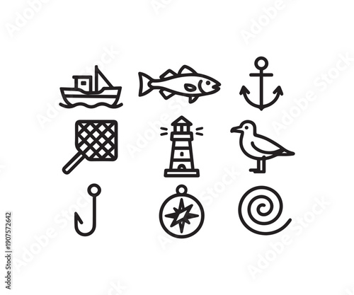 Collection of Nautical and Fishing Line Art Icons on White Background